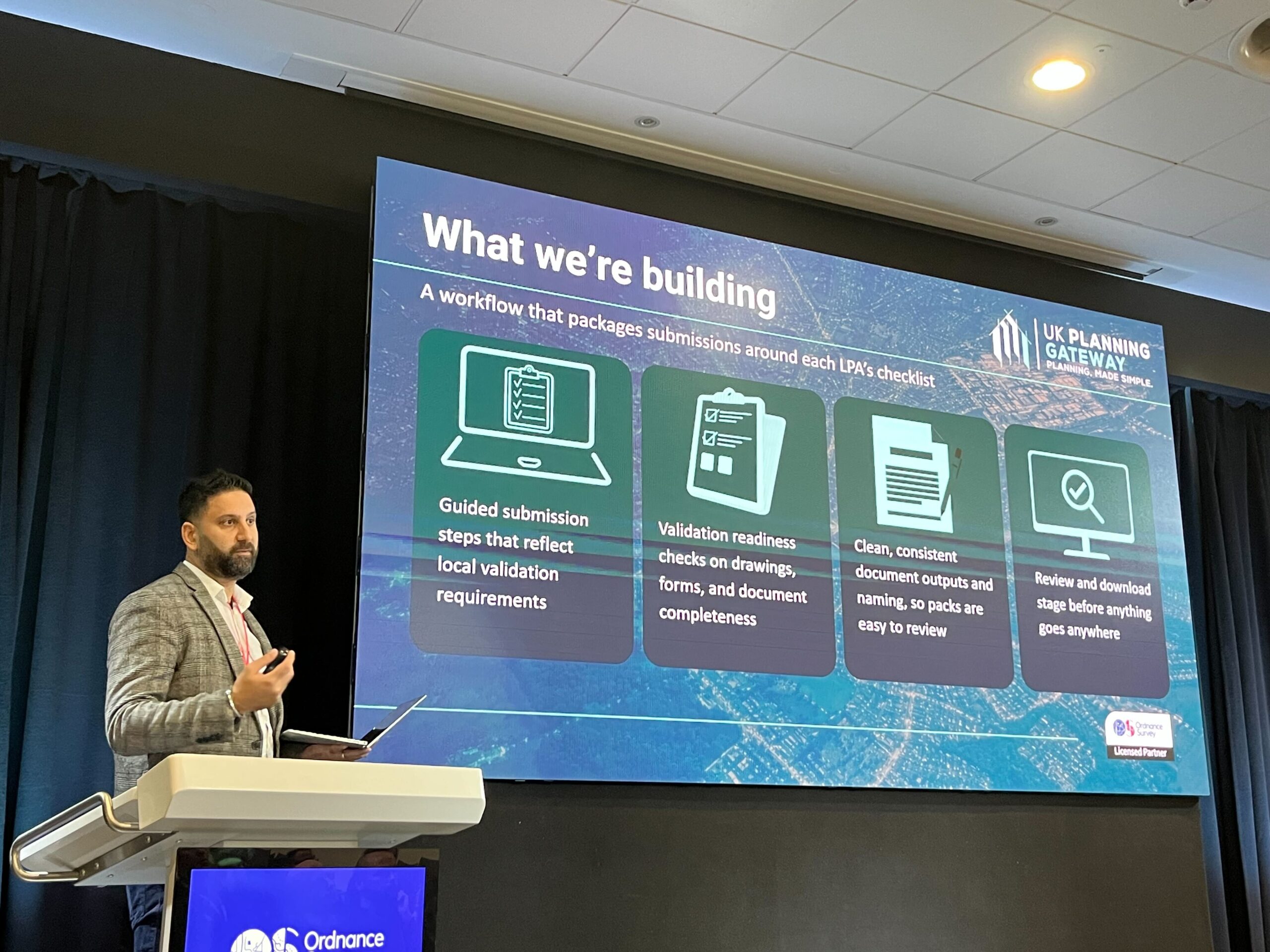 Michael Kalam presenting UK Planning Gateway’s submission workflow at Ordnance Survey headquarters.