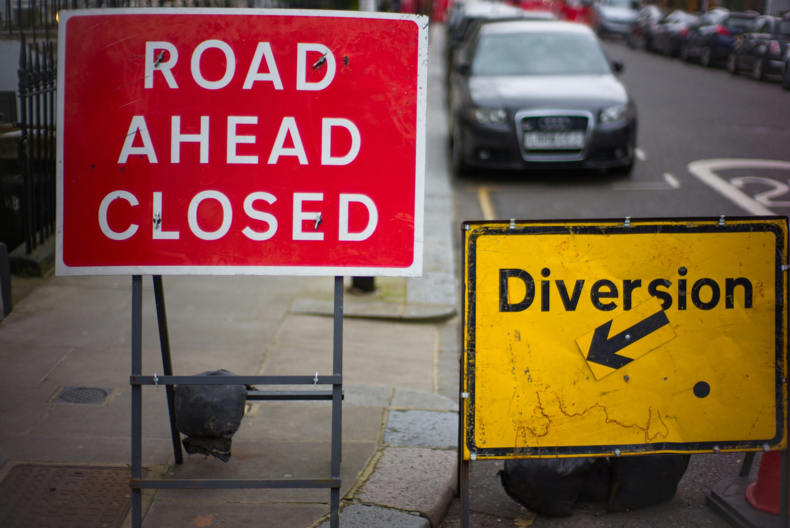 Road closed and diversion signs showing some planning applications need a different submission route
