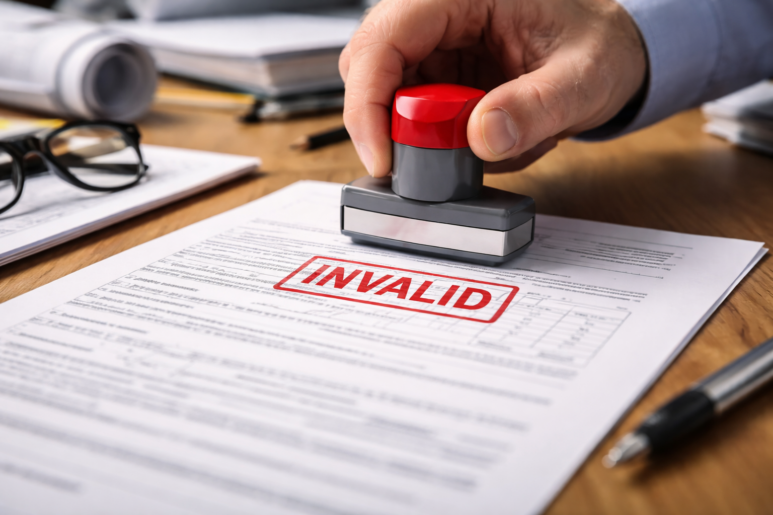 Hand stamping a planning application document as invalid on a desk